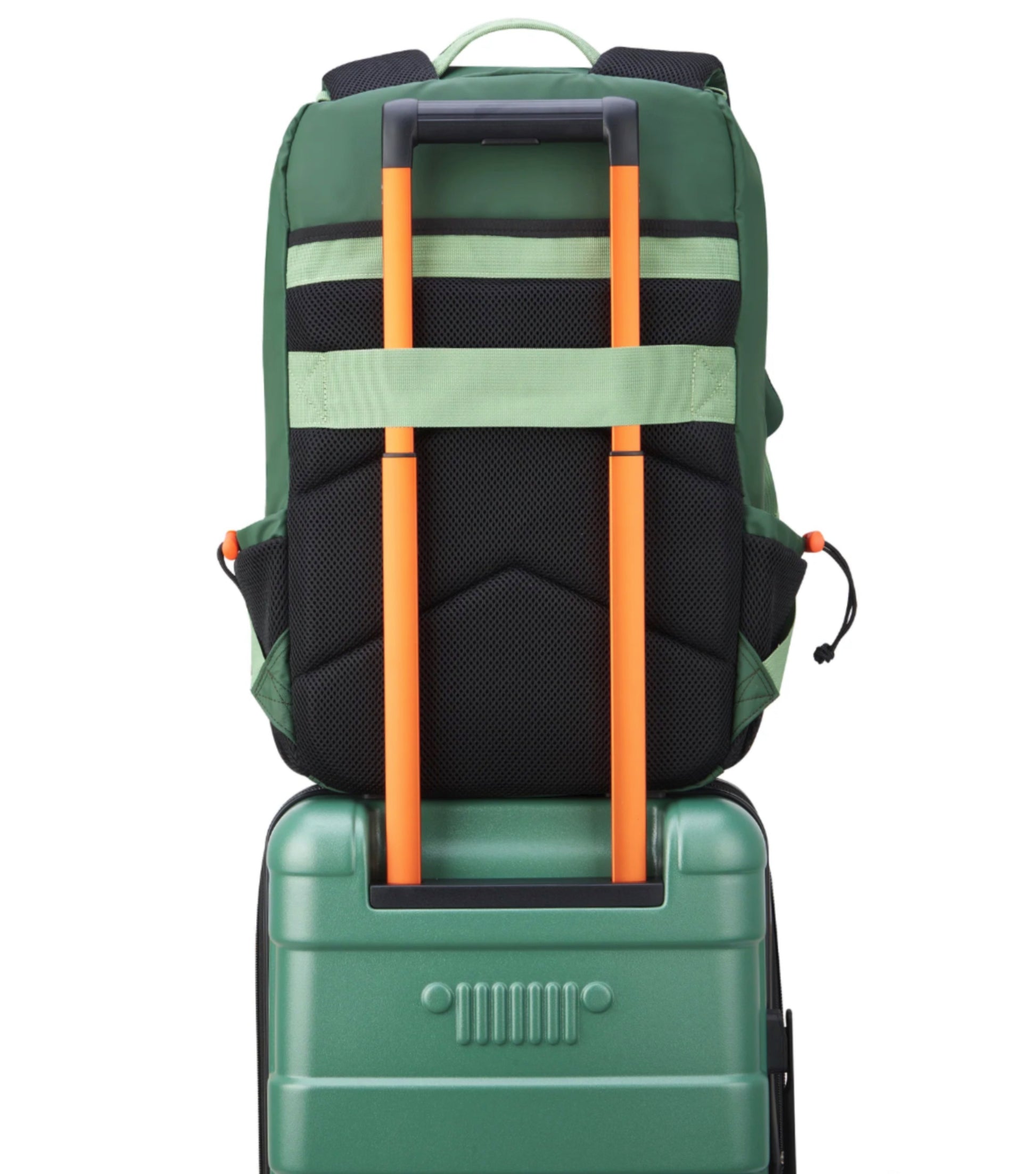 Padded Back Panel featuring a luggage band, ready to seamlessly slide over the trolley tubes of rolling luggage