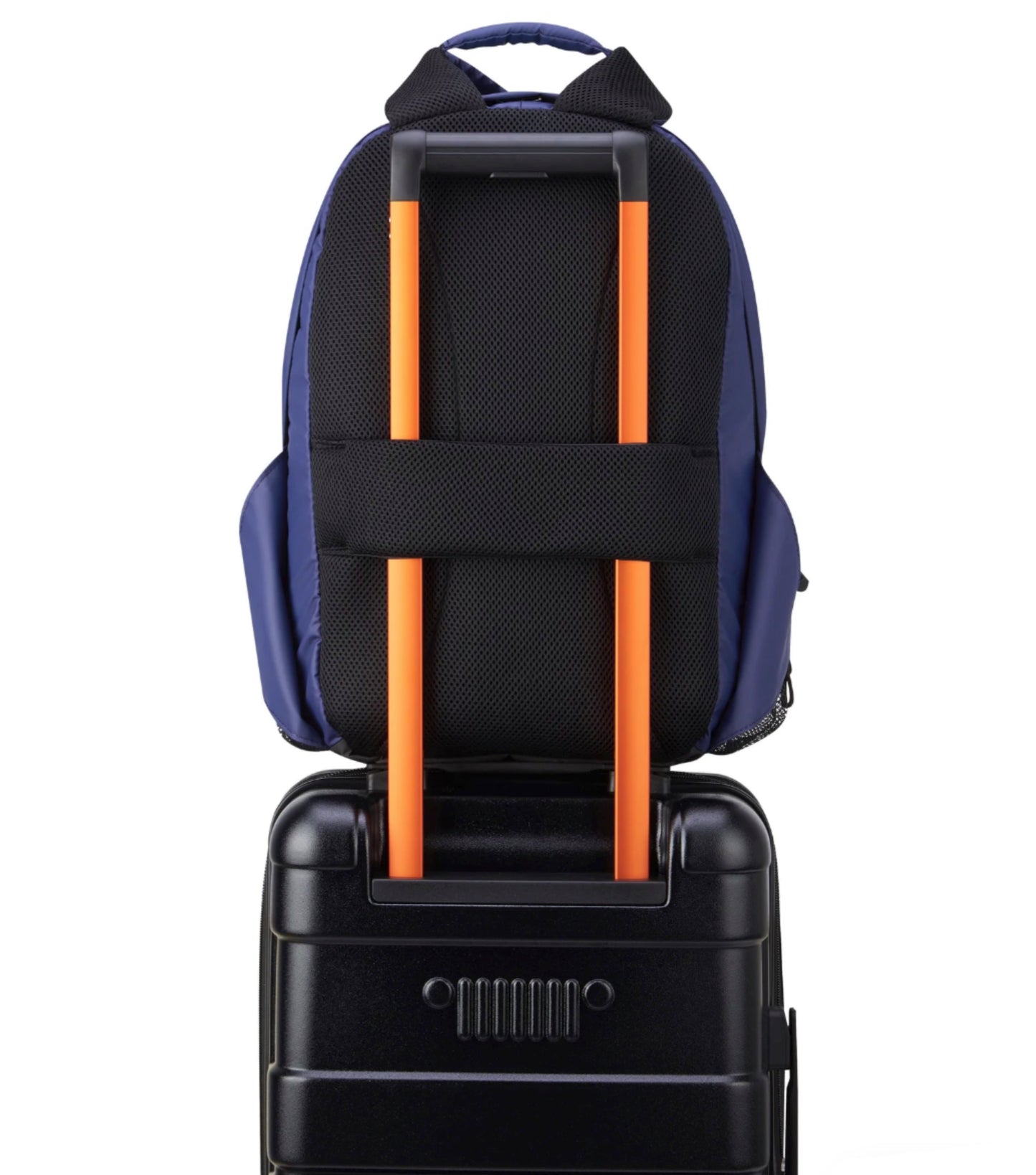 Padded Back Panel featuring a luggage band, ready to seamlessly slide over the trolley tubes of rolling luggage