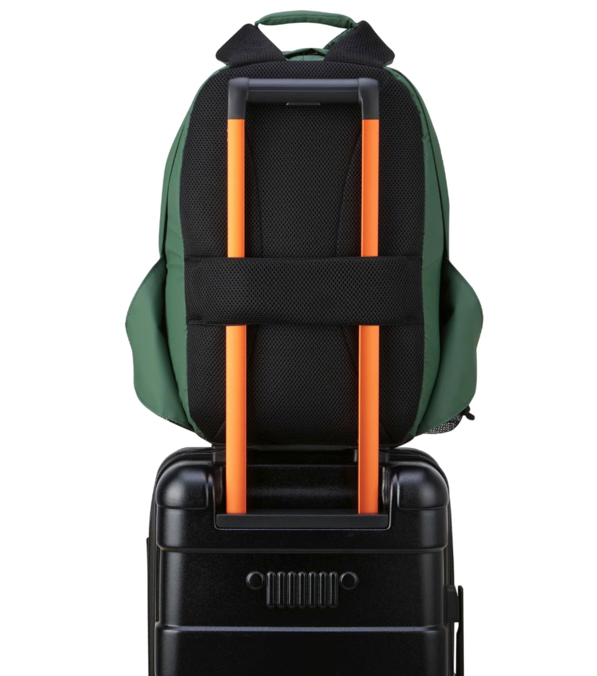 Padded Back Panel featuring a luggage band, ready to seamlessly slide over the trolley tubes of rolling luggage