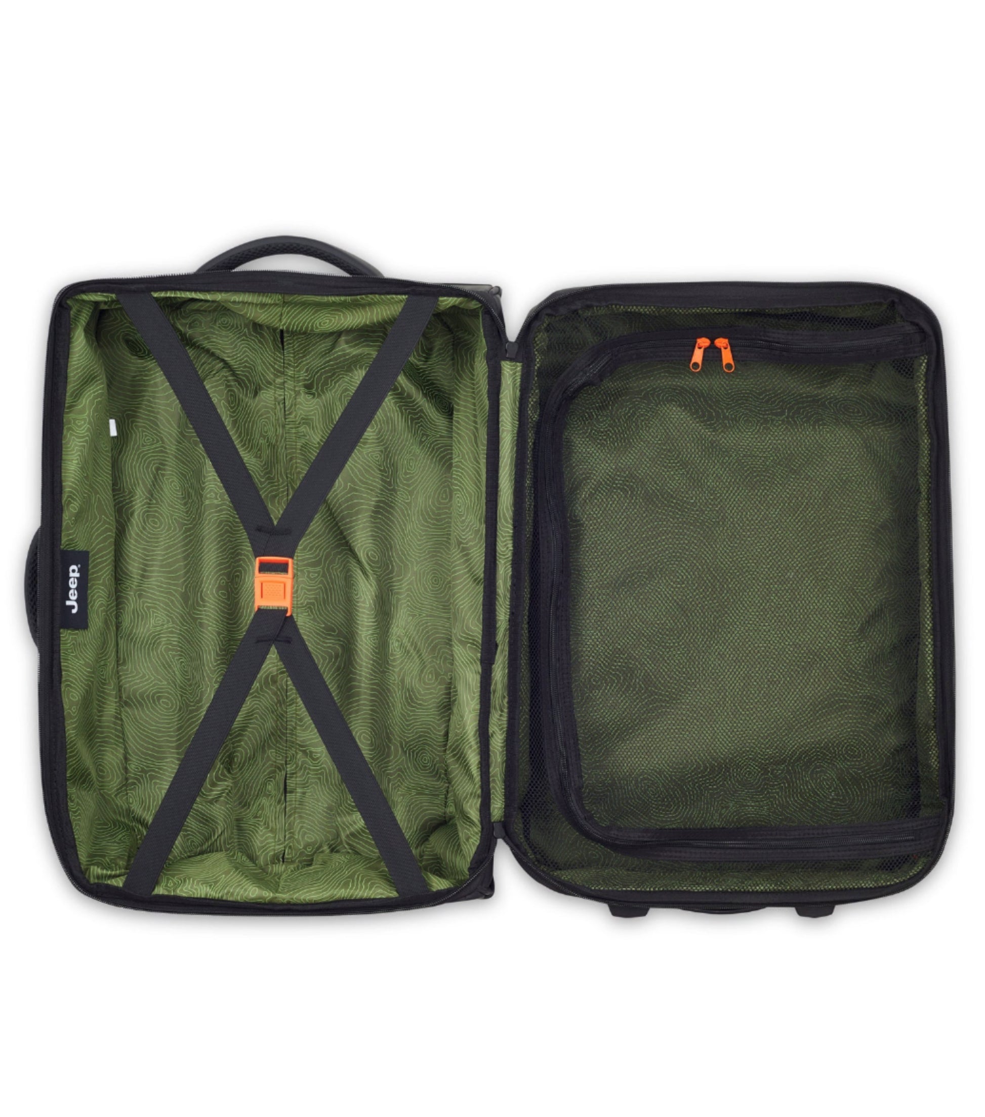 Compression straps on the deep side, a spacious lined pocket, and a zippered mesh pocket on the lid,