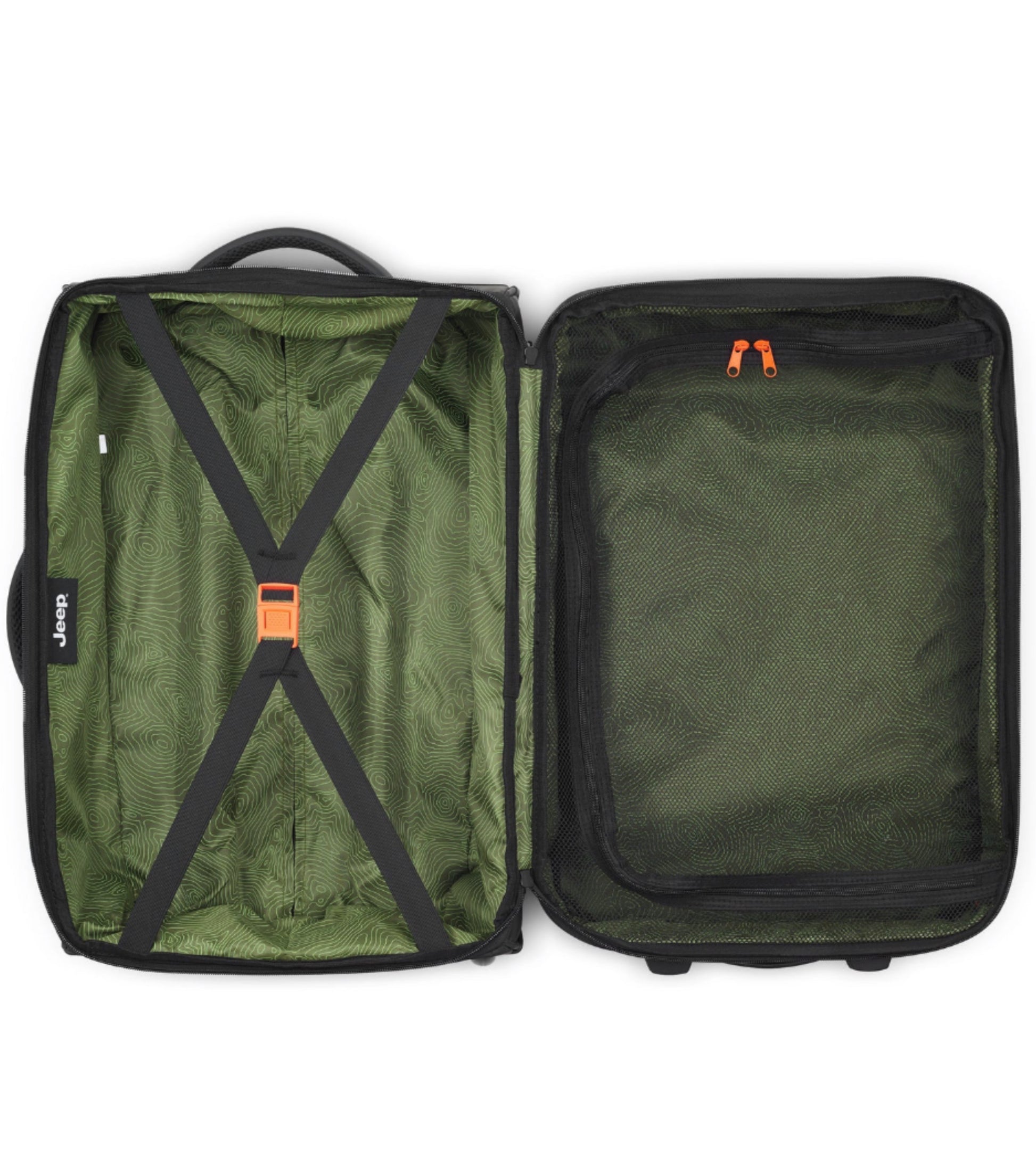 equipped with tie-down straps on the deep side, a spacious lined pocket, and a zippered mesh pocket on the lid