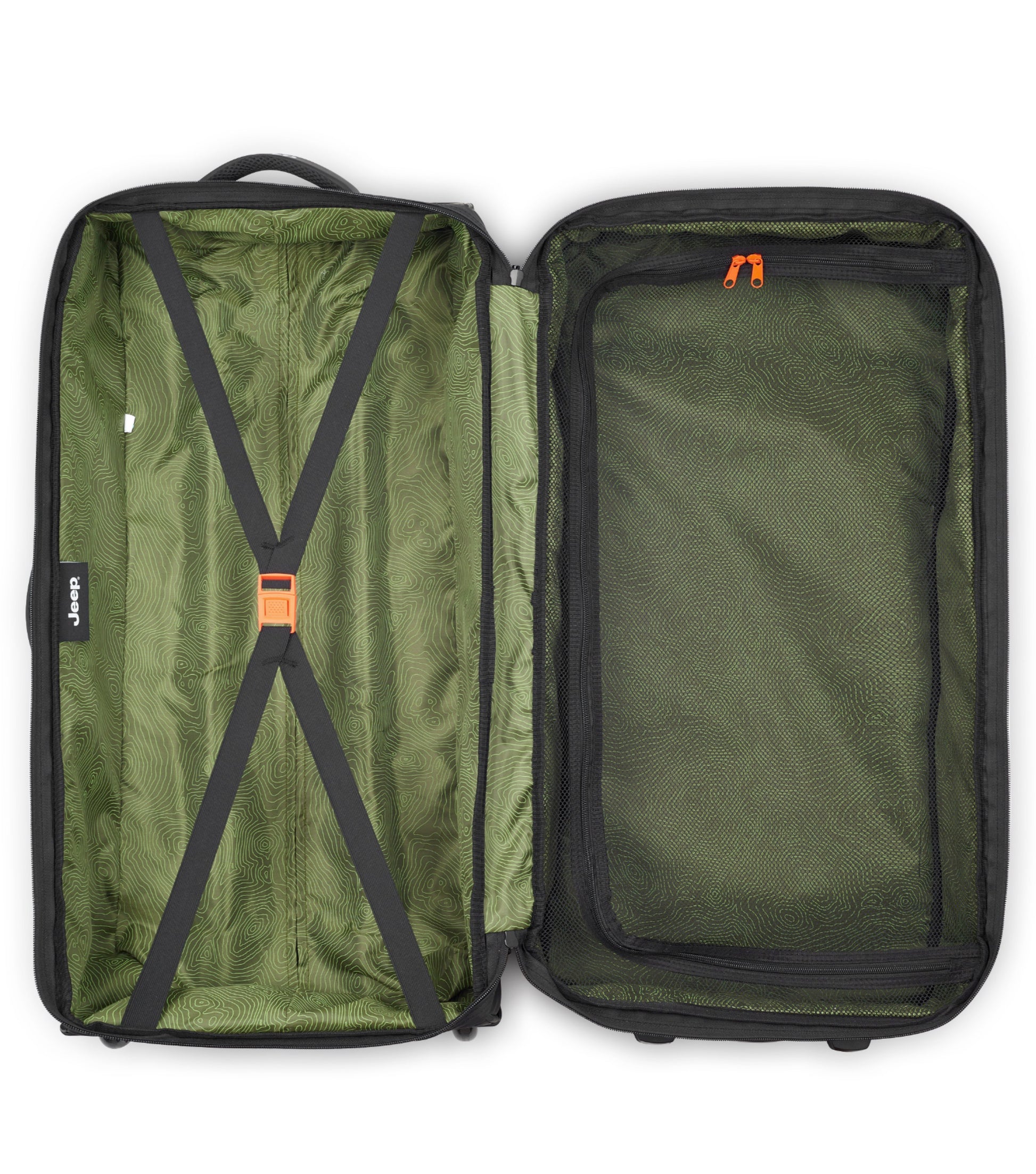 Equipped with tie-down straps on the deep side, a spacious lined pocket, and a zippered mesh pocket on the lid