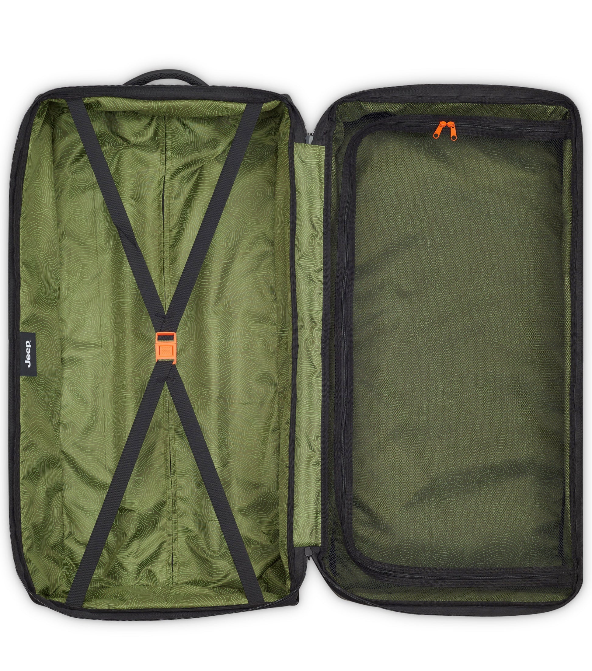 equipped with tie-down straps on the deep side, a spacious lined pocket, and a zippered mesh pocket on the lid