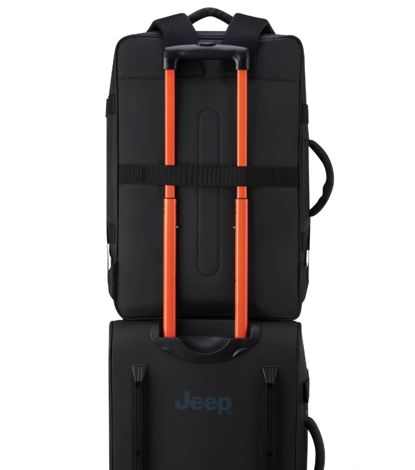 Padded Back Panel featuring a luggage band, ready to seamlessly slide over the trolley tubes of rolling luggage