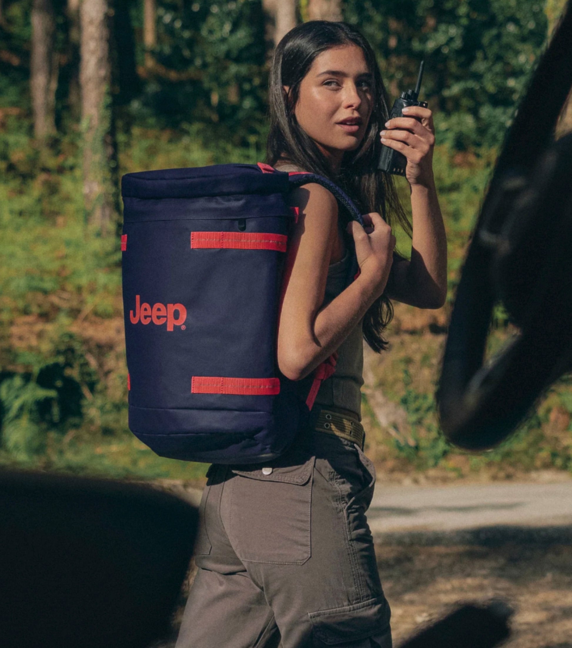 The rugged Jeep Cylindrical Backpack ready to accompany you on every adventure