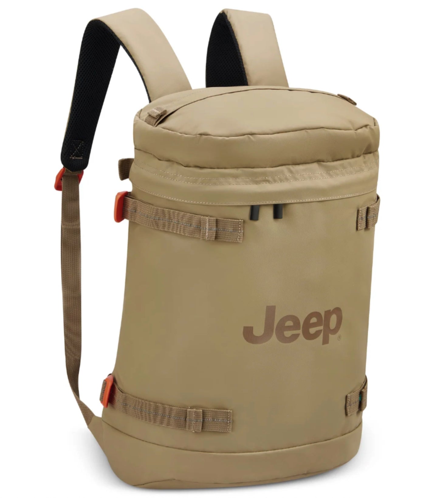 The rugged Jeep Cylindrical Backpack, forged from recycled water-resistant polyester