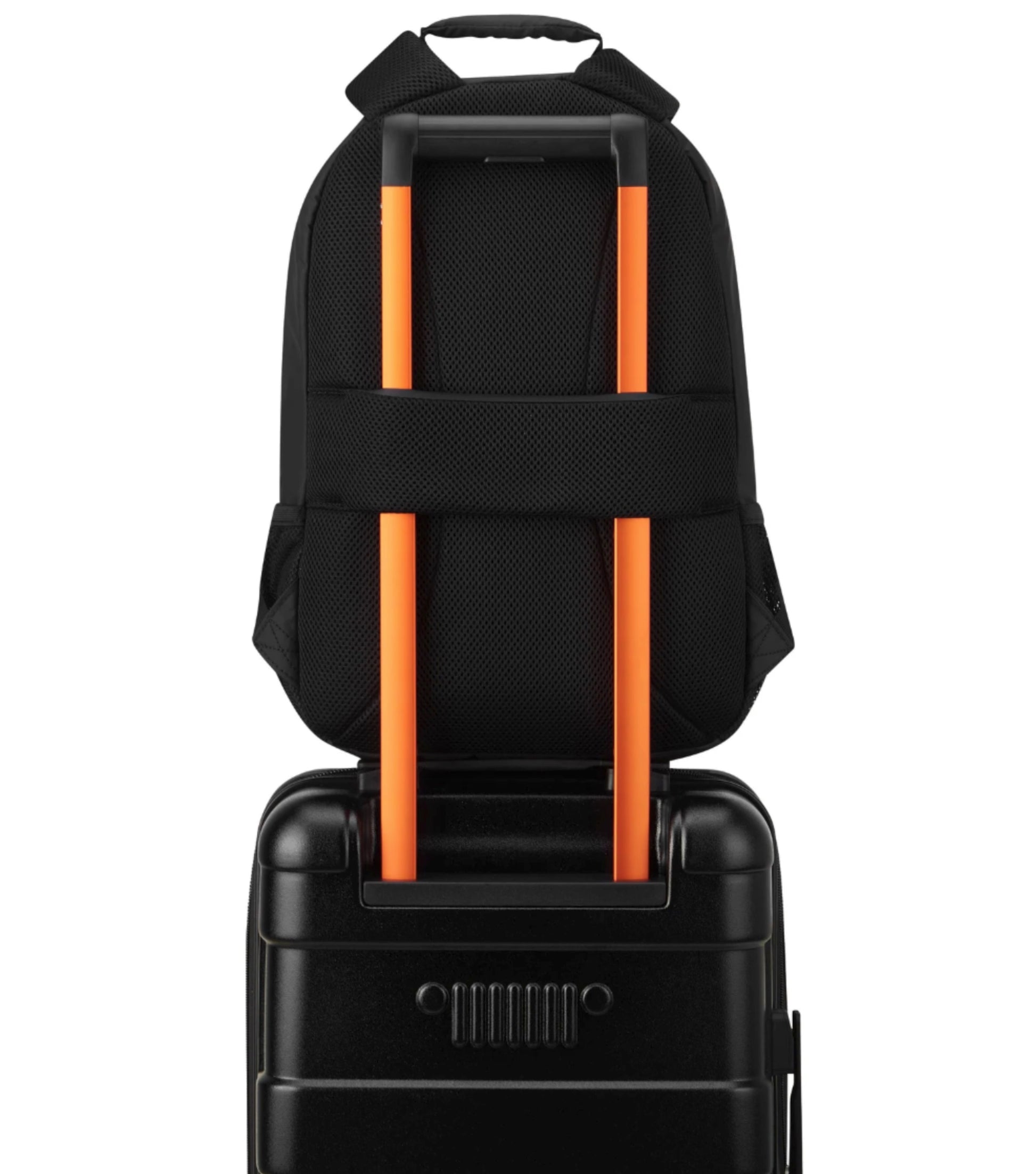 Padded Back Panel featuring a luggage band, ready to seamlessly slide over the trolley tubes of rolling luggage