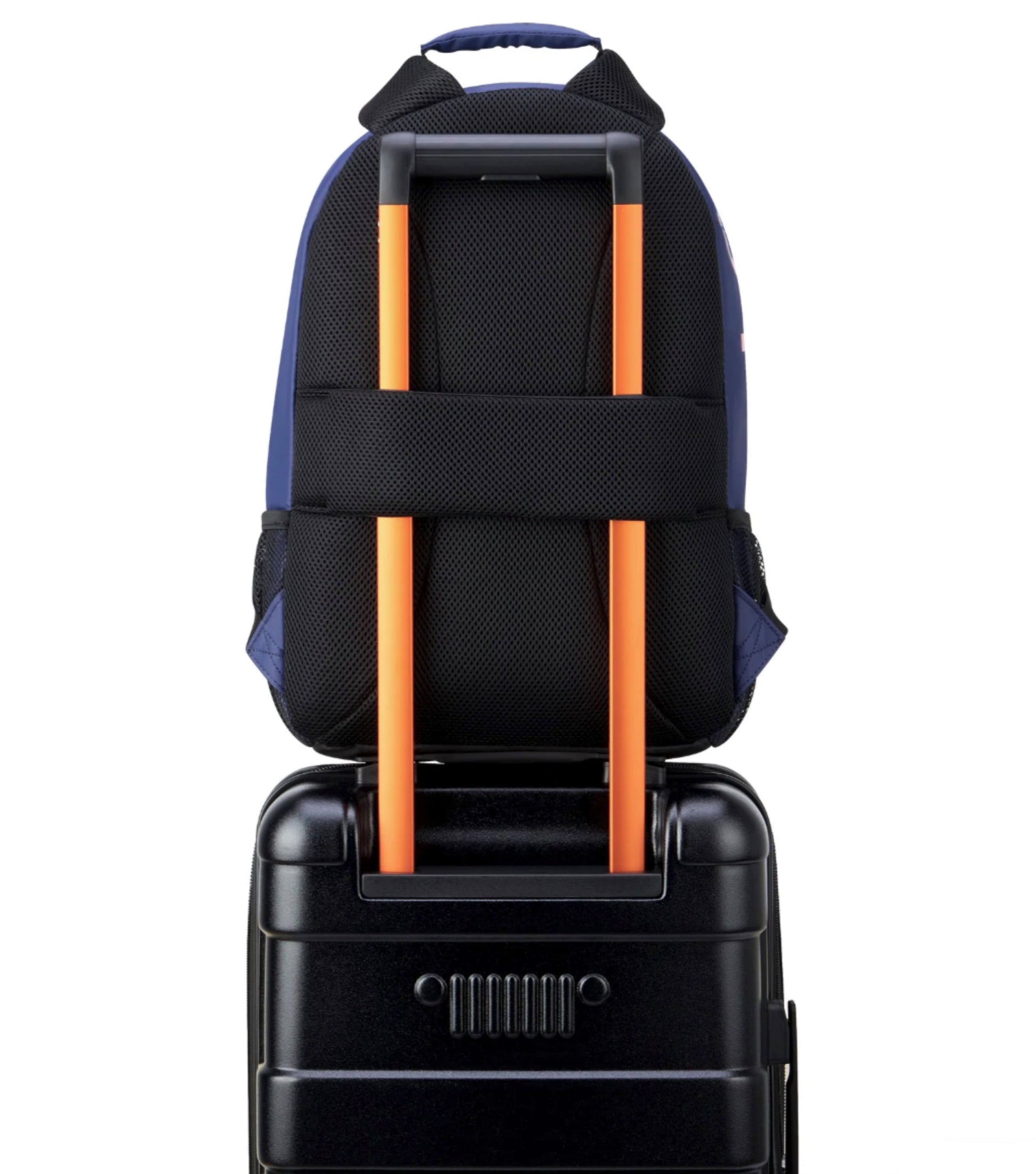 Padded Back Panel featuring a luggage band, ready to seamlessly slide over the trolley tubes of rolling luggage