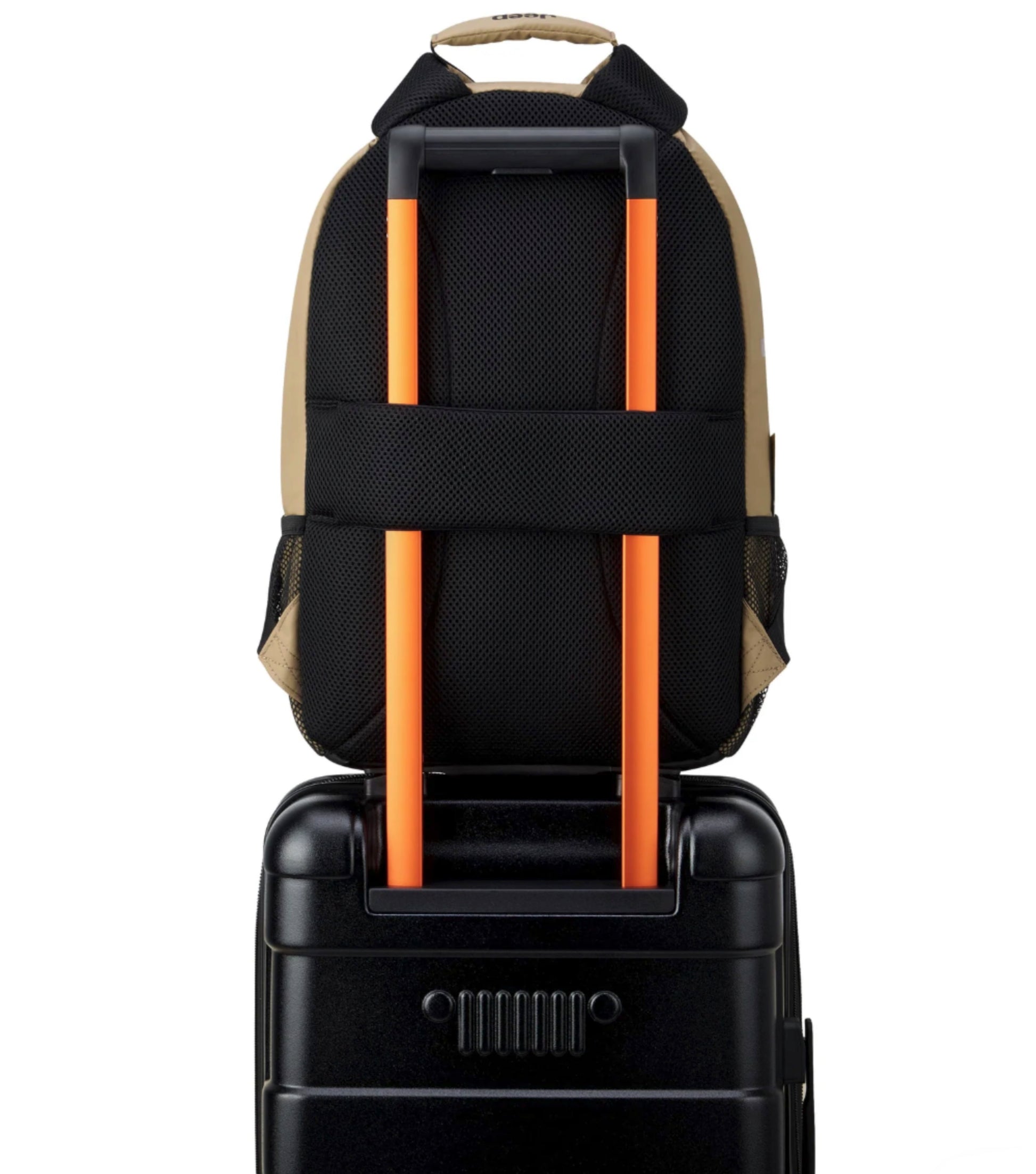 Padded Back Panel featuring a luggage band, ready to seamlessly slide over the trolley tubes of rolling luggage