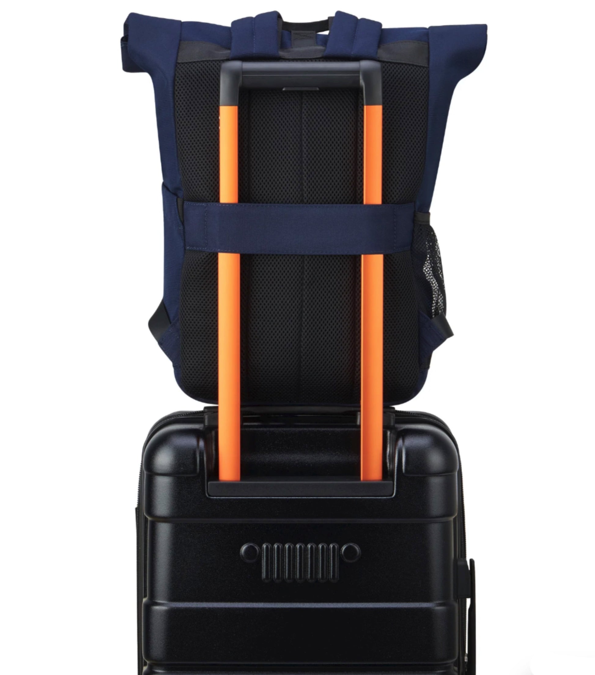 Padded Back Panel featuring a luggage band, ready to seamlessly slide over the trolley tubes of rolling luggage