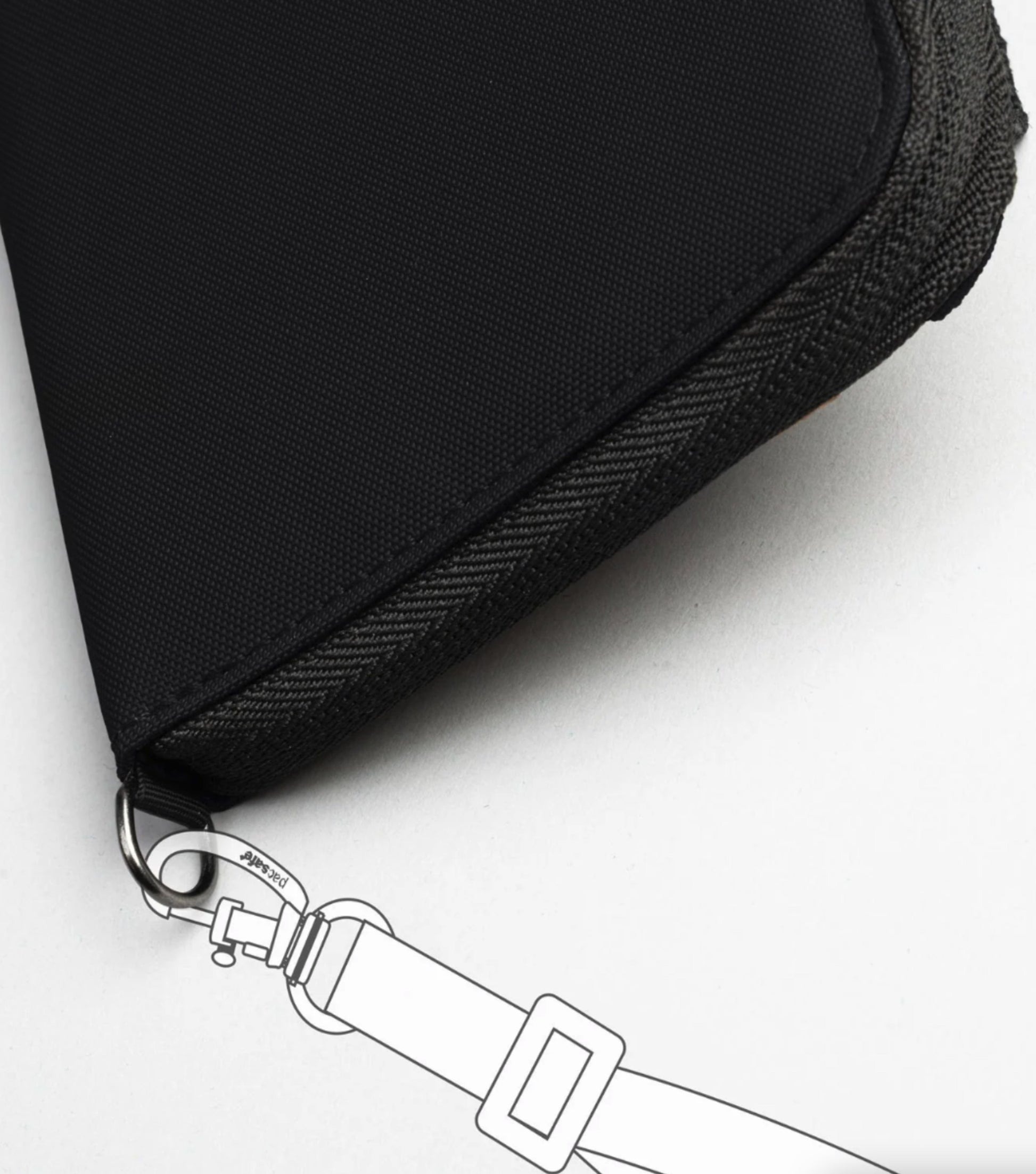 Attachment point to clip into a Pacsafe bag or to attach wallet strap (sold separately)