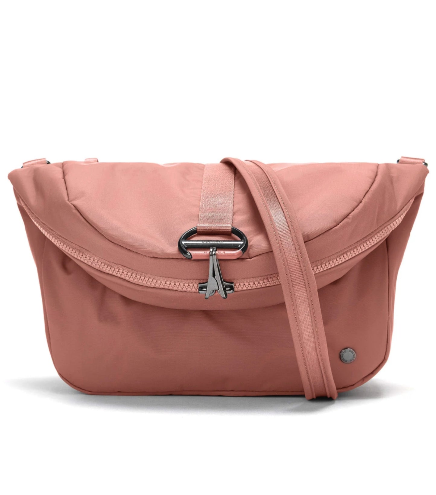 Convertible design folds down to a handbag