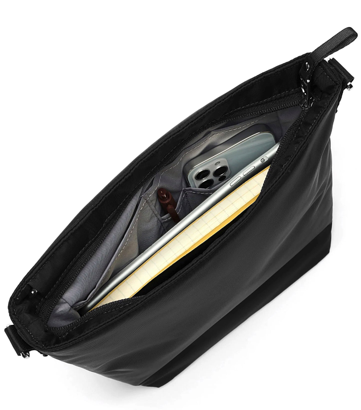 Internal pockets, including a designated phone pocket and pen pocket, allow for easy storage and organization