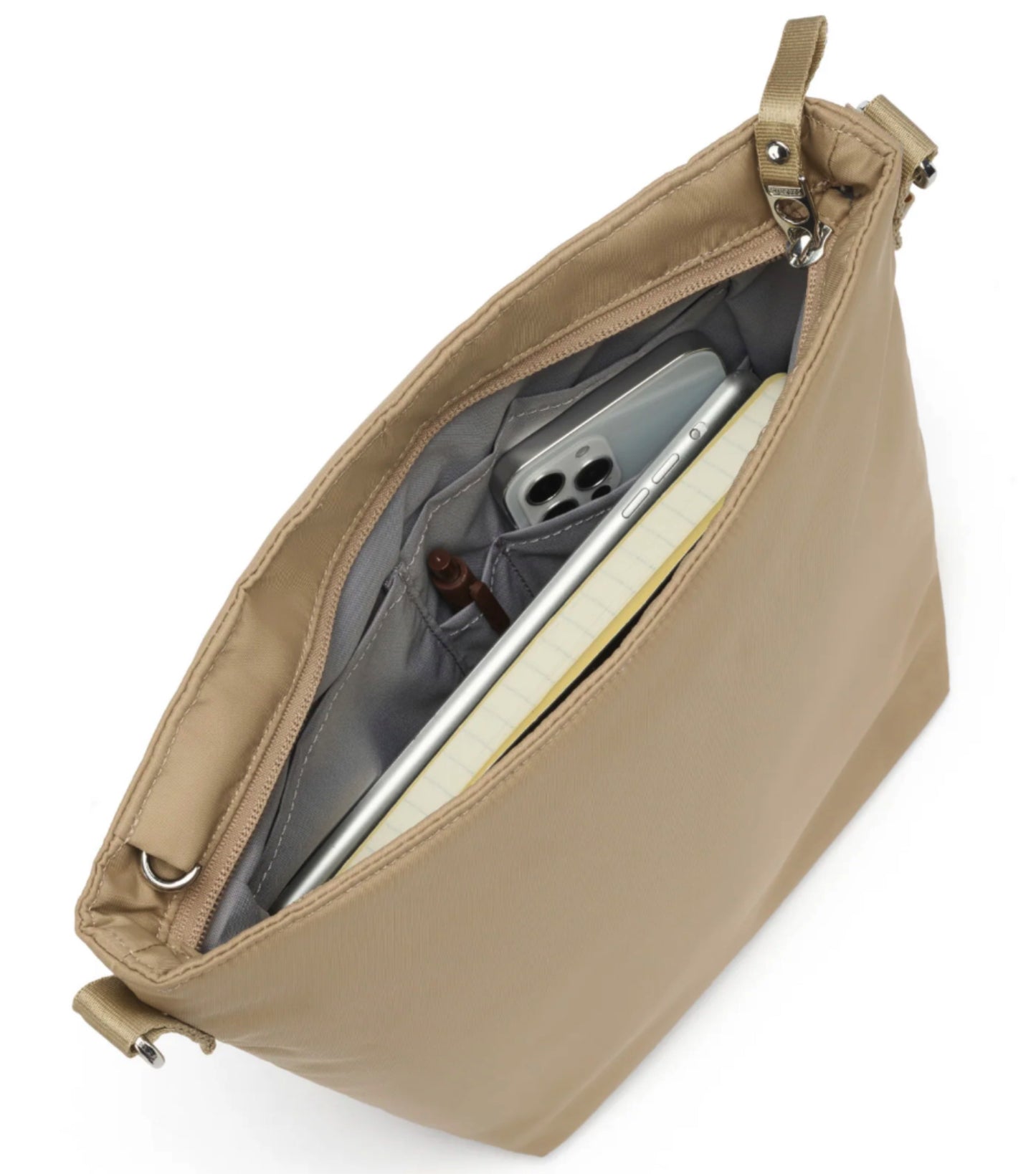 Internal pockets, including a designated phone pocket and pen pocket, allow for easy storage and organization