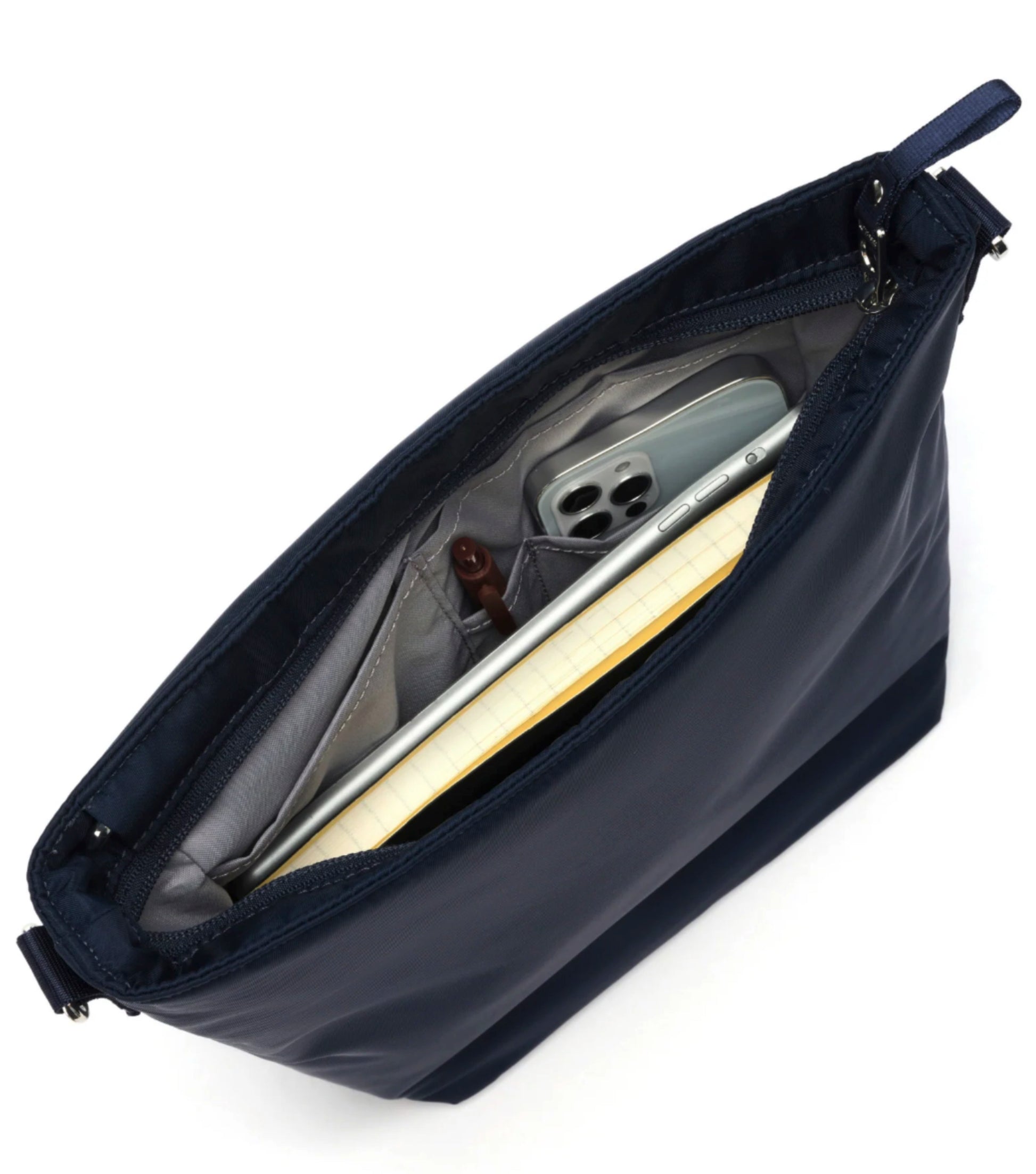 Internal pockets, including a designated phone pocket and pen pocket, allow for easy storage and organization