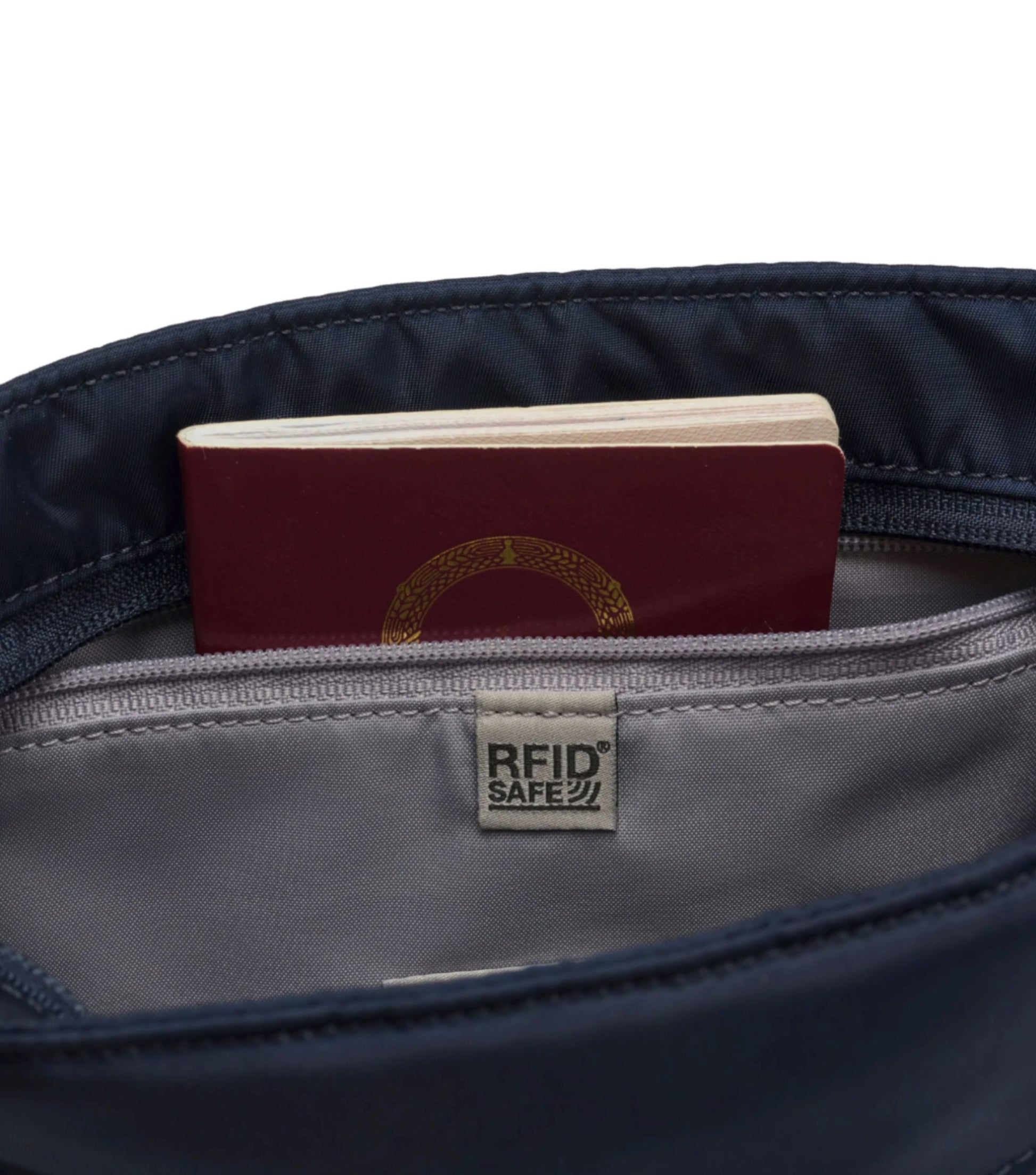 Large RFID-blocking pocket fits longer wallets, providing protection for your credit cards and passport against unwanted scans