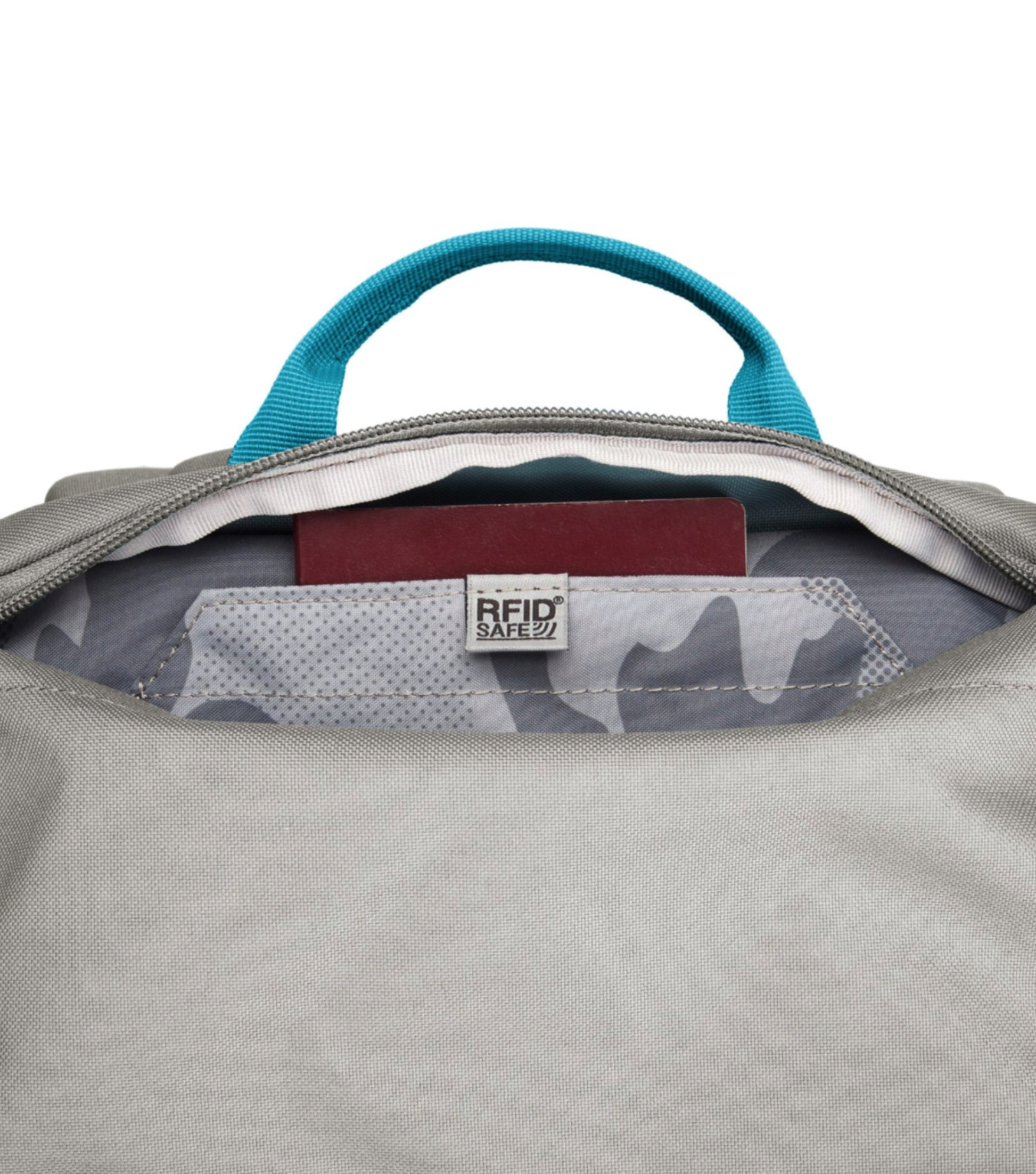 Hidden top compartment with RFID-blocking pocket