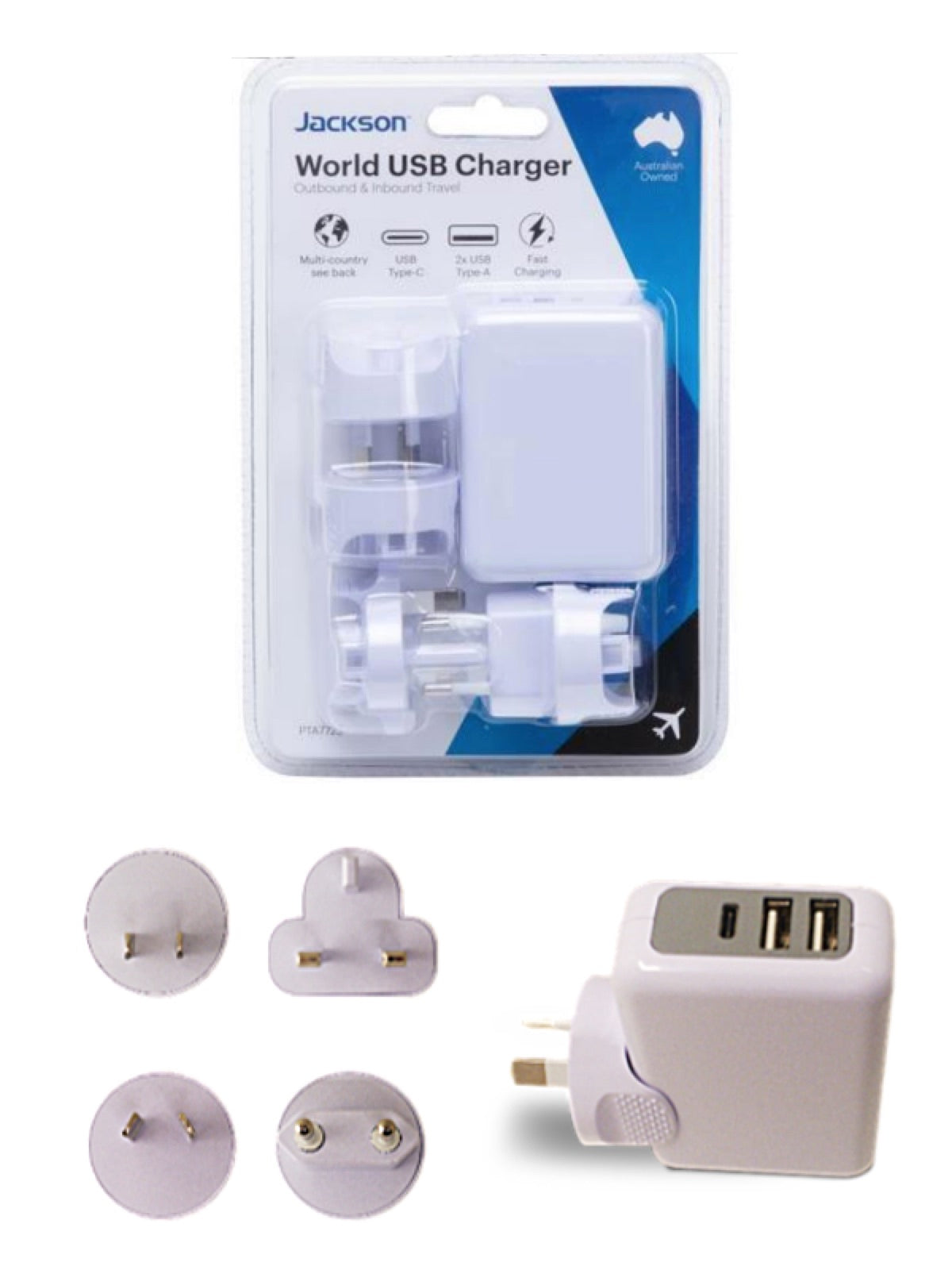 Jackson Worldwide USB Travel Adaptor - 2 x USBA and 1 x USBC Charger