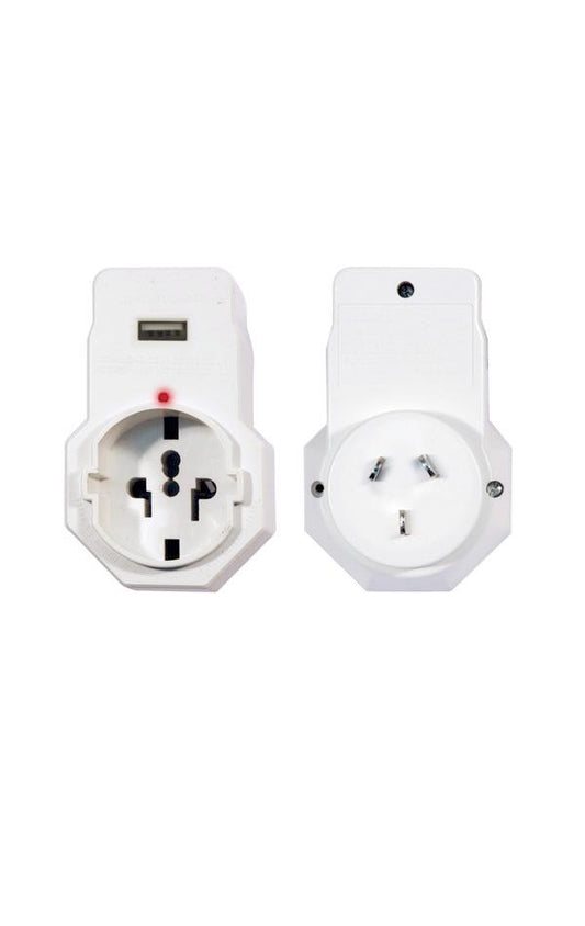 International Travel Adaptor with USB charging outlet - US and Asian plugs for use in Australia and New Zealand