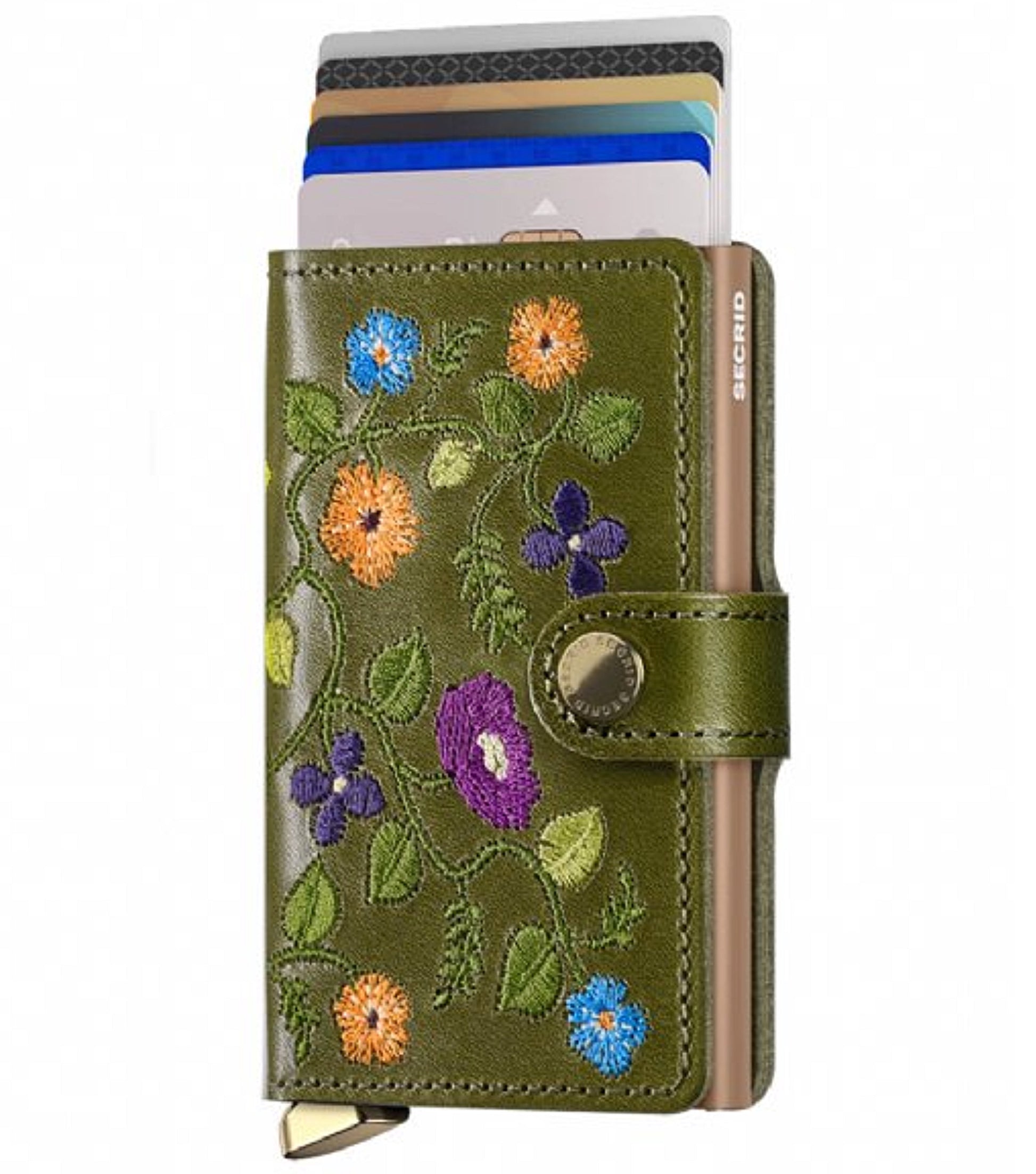 In-house designed coloured floral embroidery made with smooth high-quality vegetable-tanned Italian cow leather