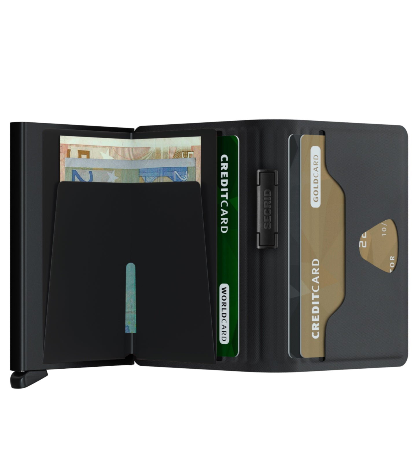 Holds 4 extra cards, banknotes and business cards