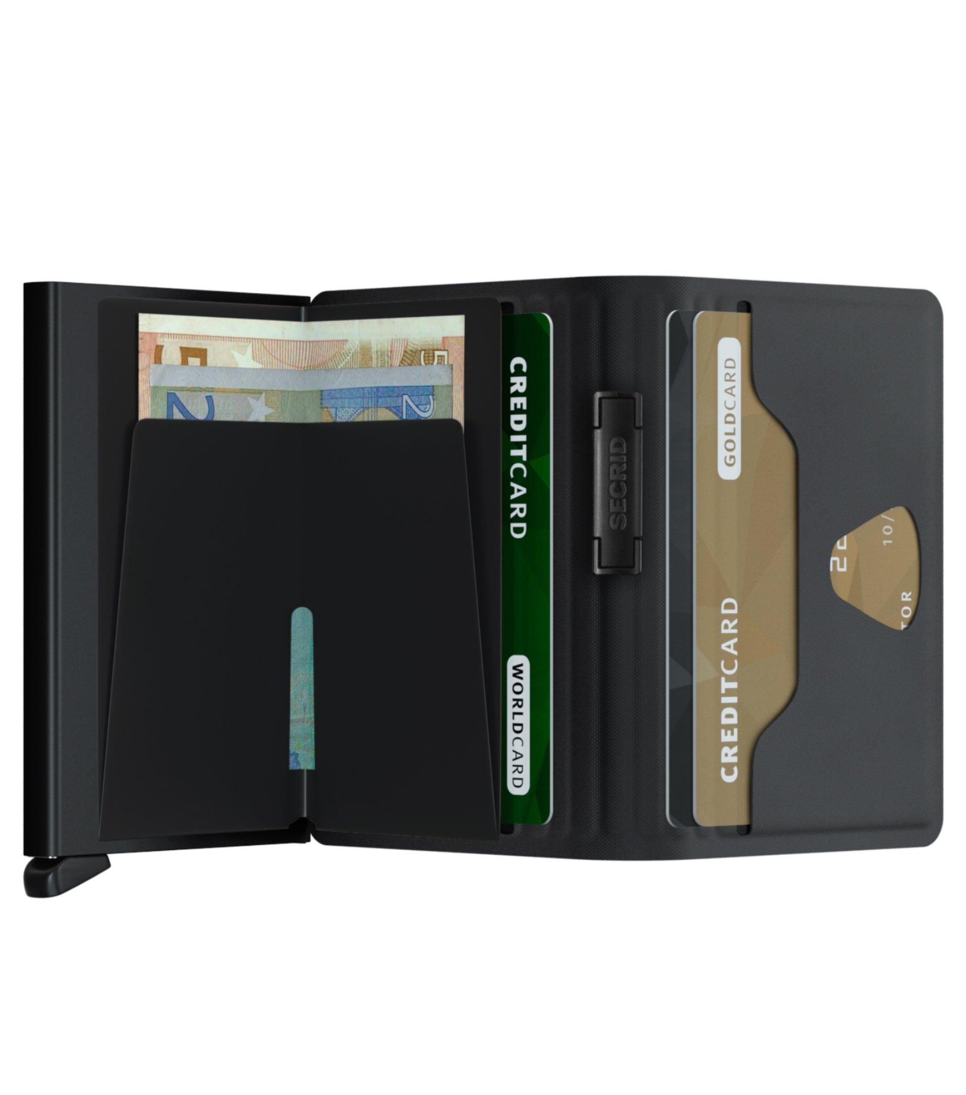 Holds 4 extra cards, banknotes and business cards