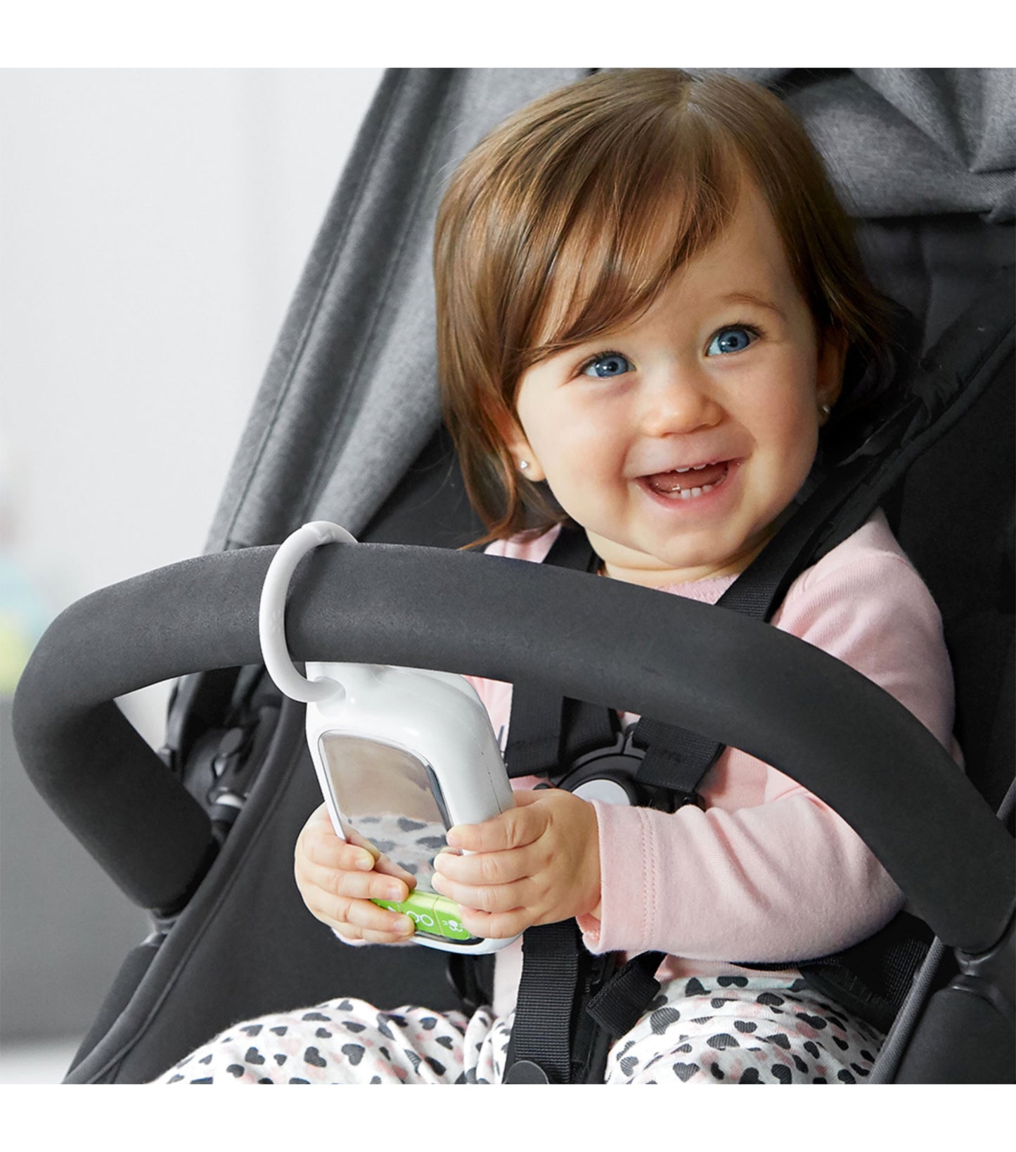 "Antenna" cutout lets you attach to stroller with toy ring (not included)