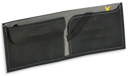 There are also compartments for notes, credit cards, business cards, and a handy strap to keep them in place.