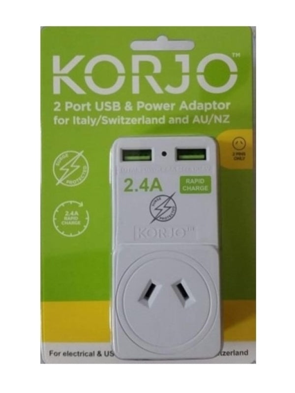 Korjo 2 Port USB Charger and Power Travel Adaptor - Europe, Italy, Switzerland and Australia