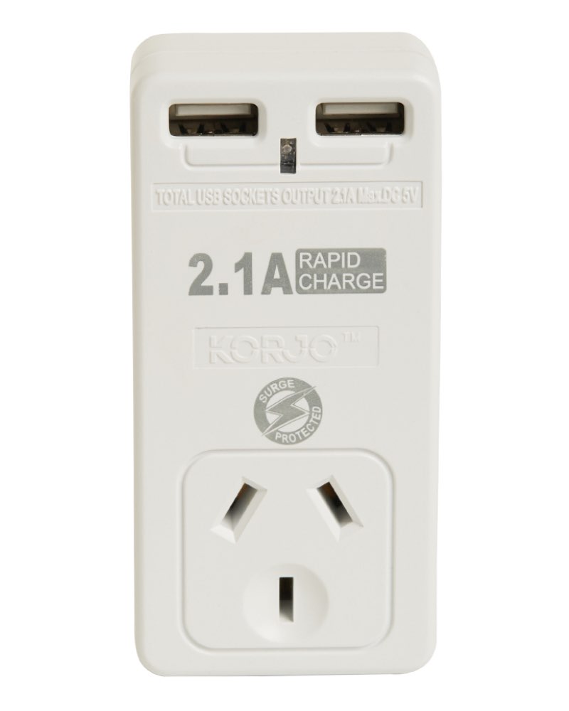 Korjo 2 Port USB Charger and Power Adaptor - UK and Australia