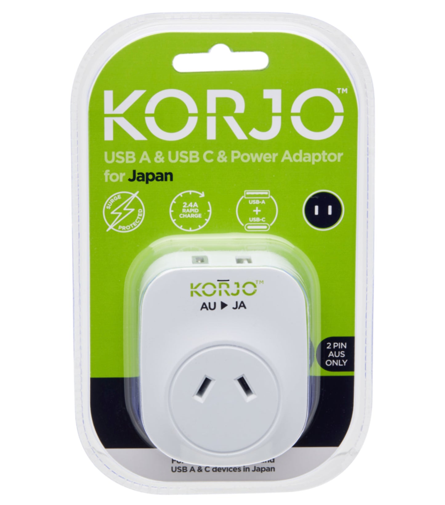 Korjo USB-C + A Charger - AUS/NZ Socket to Japan Plug - Power Adaptor