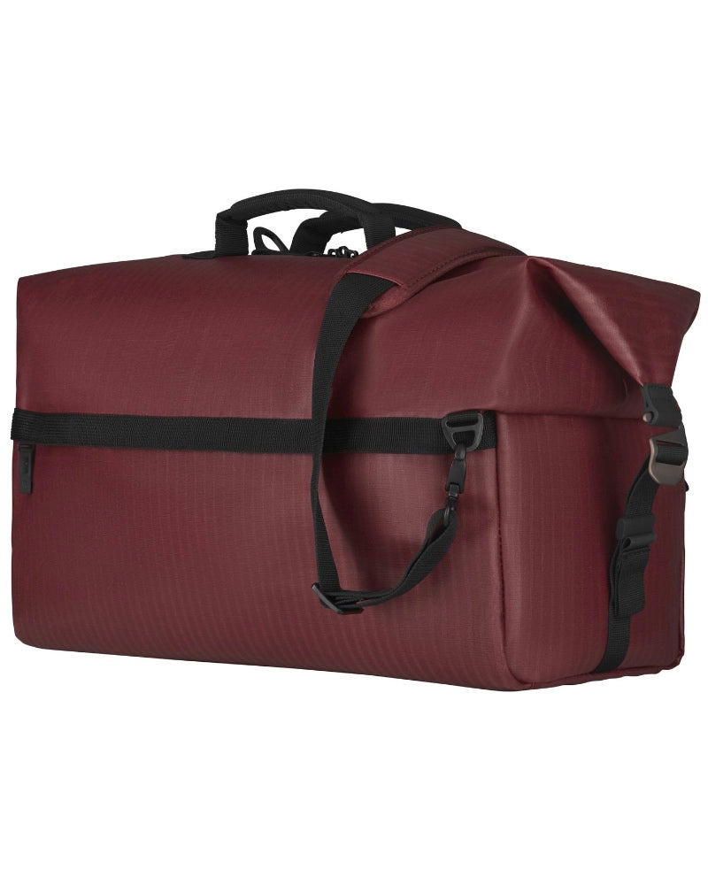 Exterior features a full length front zip pocket with storage slots and a full length rear zip pocket