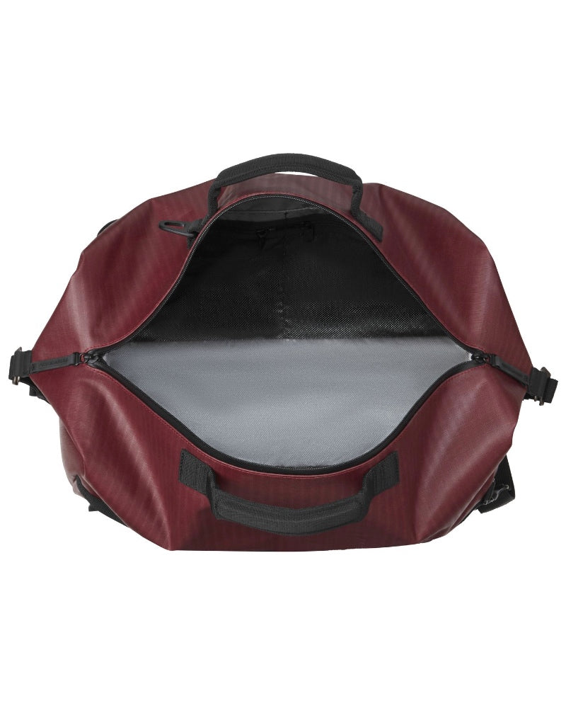 Centre zip opening provides access to main packing area that includes four mesh zip pockets