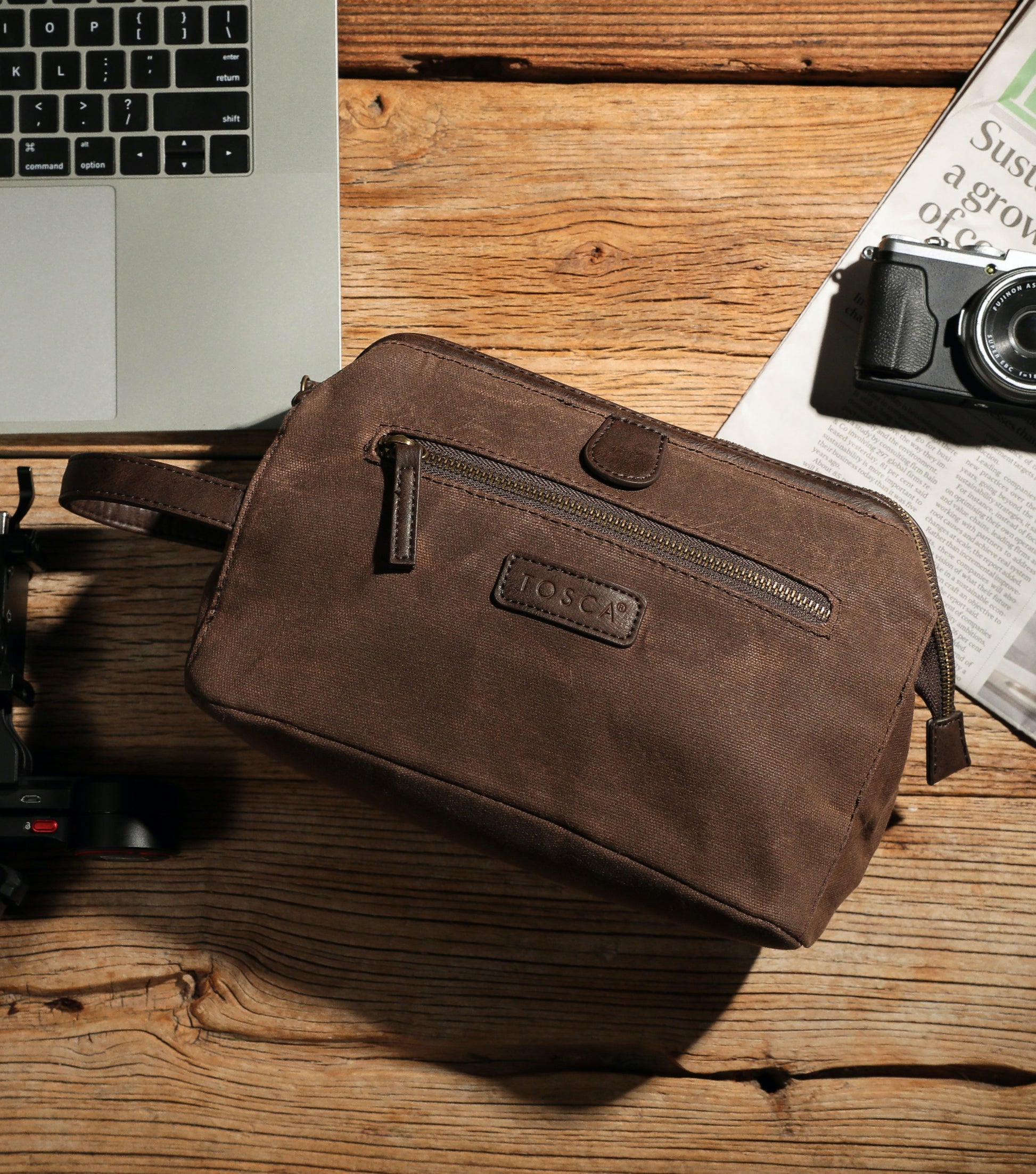 Tosca Waxed Canvas Toiletry Wash Bag - Brown