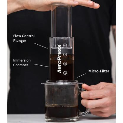 During the immersion process, water penetrates the coffee grinds for deeper flavour notes and a full bodied finish