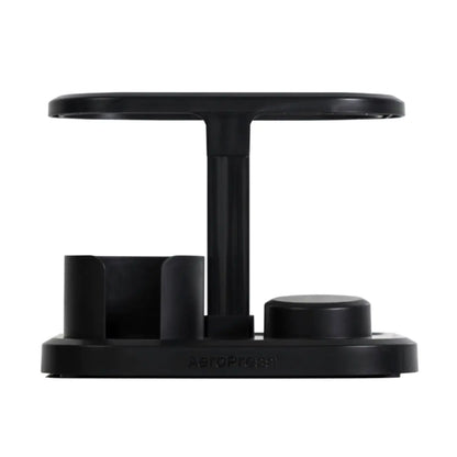 Compact, sleek storage solution with compartments for your coffee press, stirrer, filter cap, and paper filters