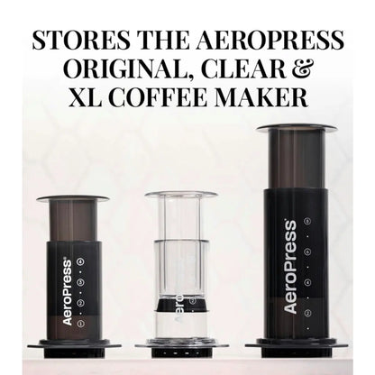 Stores the AeroPress Original, Clear, or XL coffee maker 