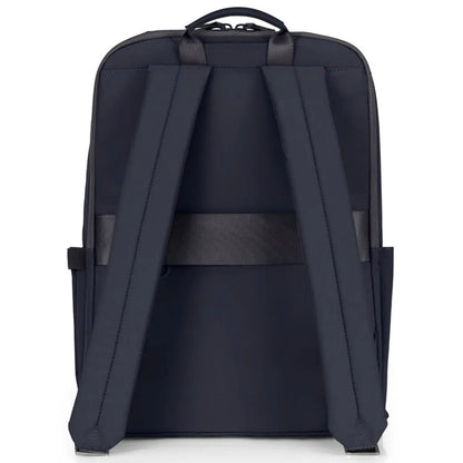 Back panel featuring a luggage band, ready to slide over the handle of rolling luggage