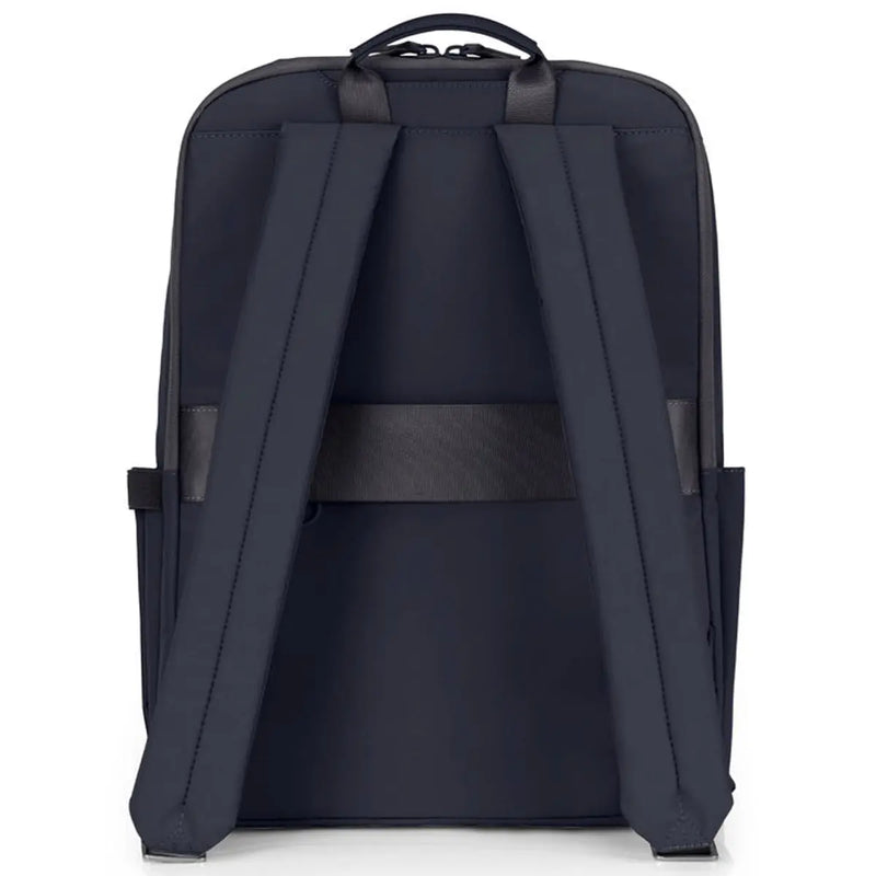 Back panel featuring a luggage band, ready to slide over the handle of rolling luggage