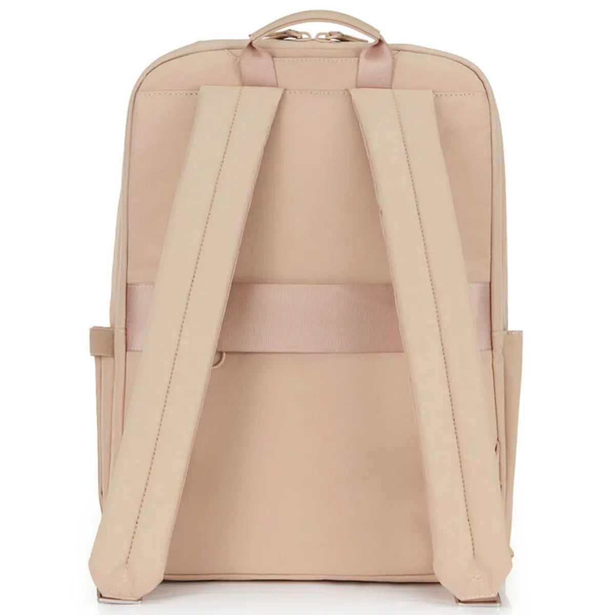 Back panel featuring a luggage band, ready to slide over the handle of rolling luggage