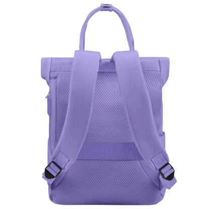 Back panel featuring a luggage band, ready to slide over the handle of rolling luggage