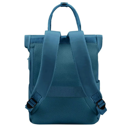 Back panel featuring a luggage band, ready to slide over the handle of rolling luggage