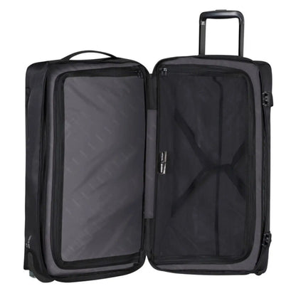 Fixed divider pad in top compartment and elastic straps on the bottom