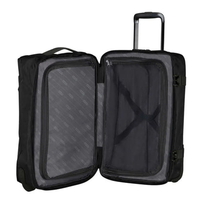 Fixed divider pad in top compartment and elastic straps on the bottom