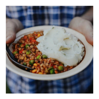 Freeze dried lentils, savoury tomato sauce and vegetables with a potato topping make this delicious no meat cottage pie