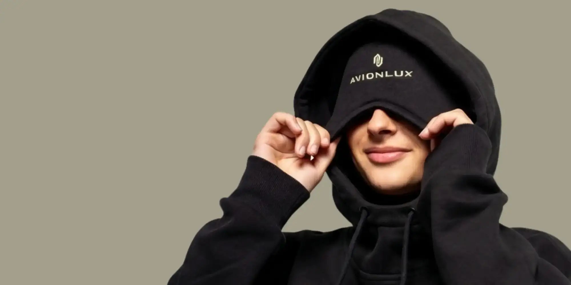 Black avionlux hoodie with a subtle white logo on the chest.