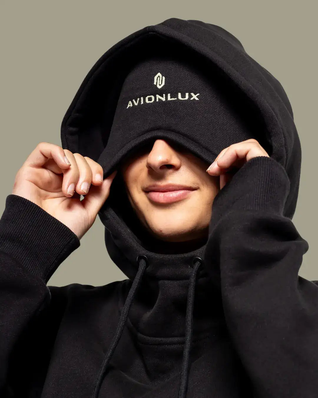 Black avionlux hoodie with white embroidered logo and drawstrings