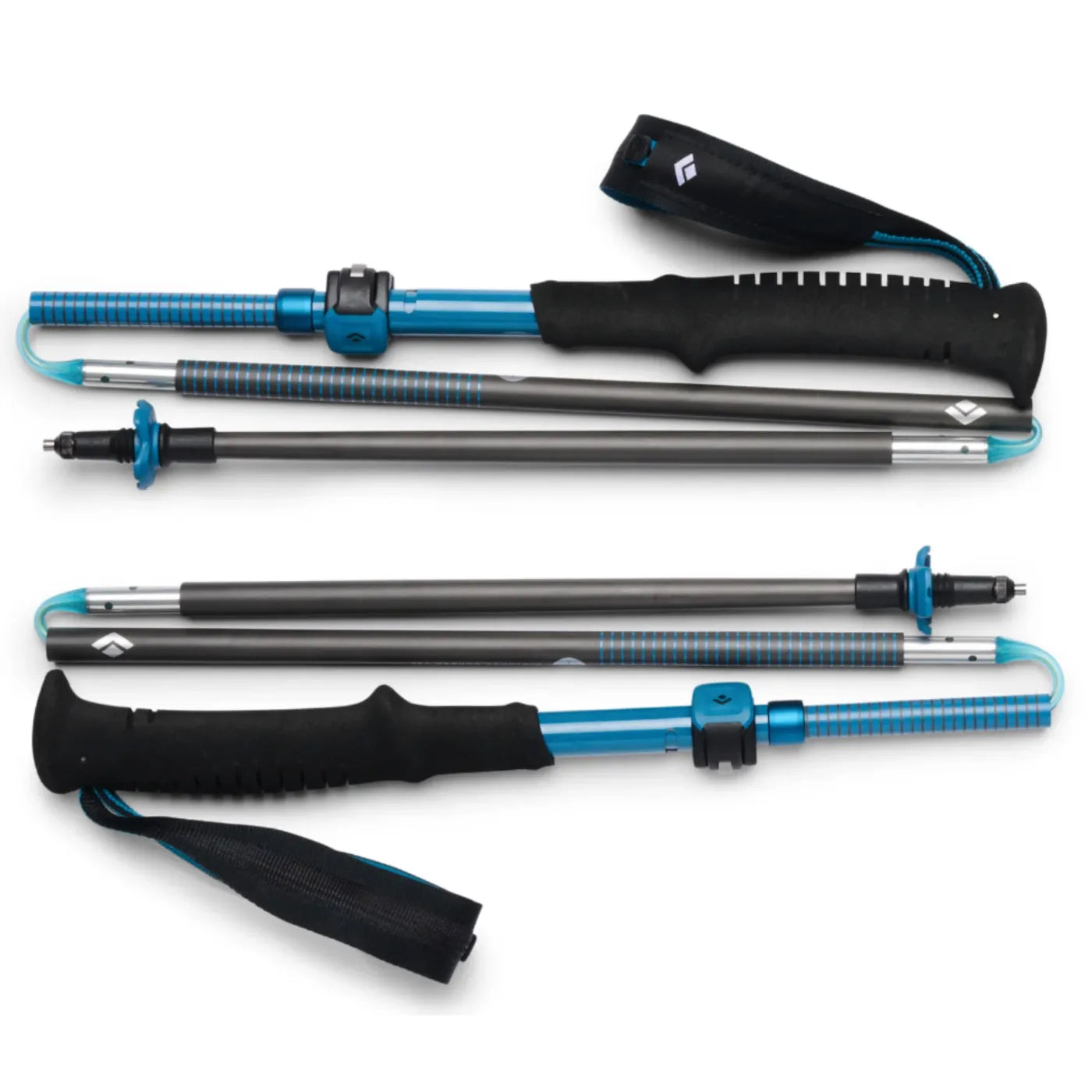 Blue and black adjustable black diamond distance carbon trekking poles with textured grips and carrying sleeve 110 cm