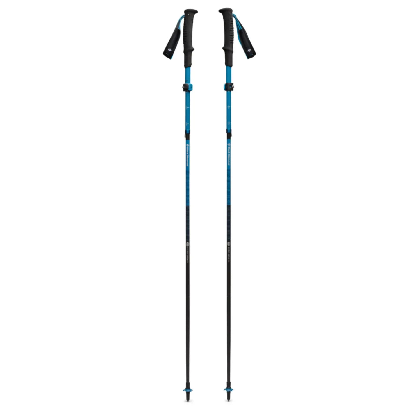 Black diamond distance carbon adjustable trekking pole in blue and black with textured grip and locking mechanism
