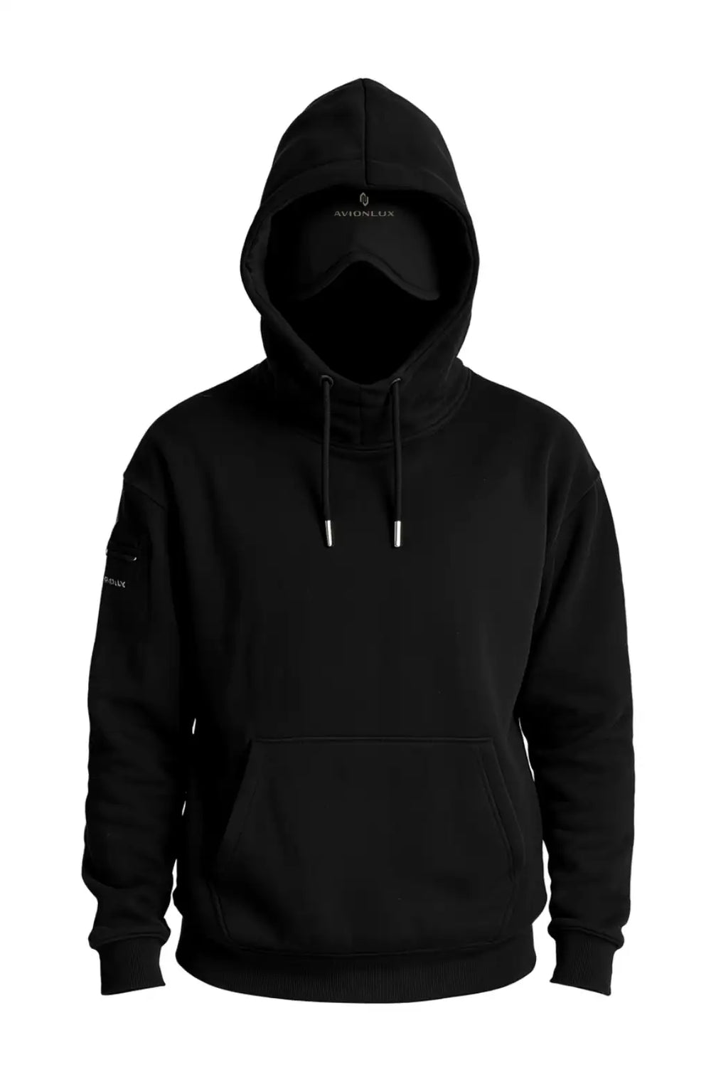Black hoodie with hood and drawstrings, made of fleece material.
